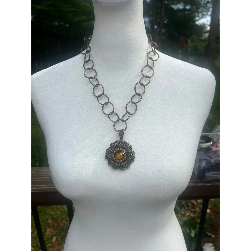 Art Deco Style Antique‎ Brass Amber Glass Filigree Medallion Necklace